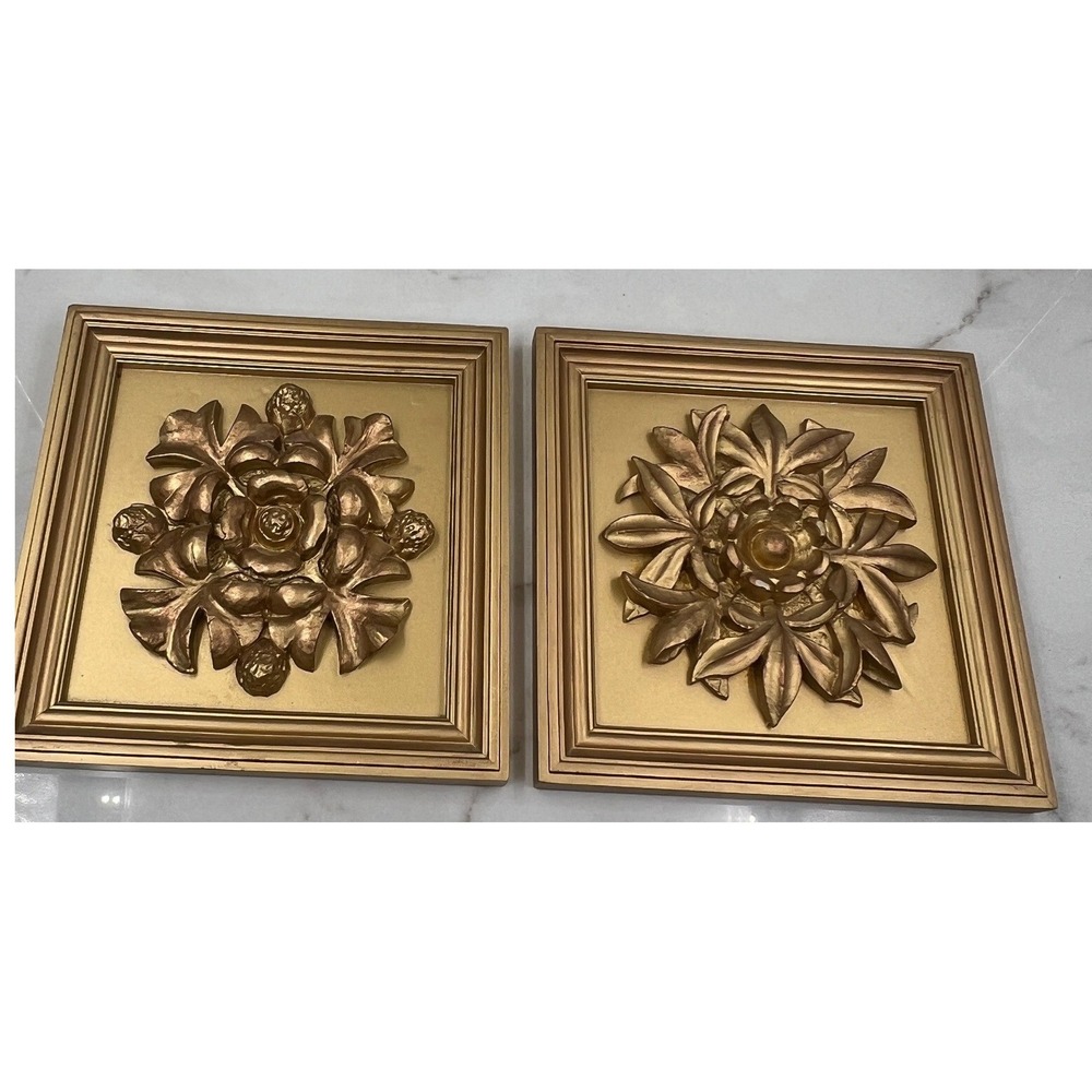 Vintage Gold Floral Wall Plaques Pair Ornate Botanical Medallion Decor Set of 2